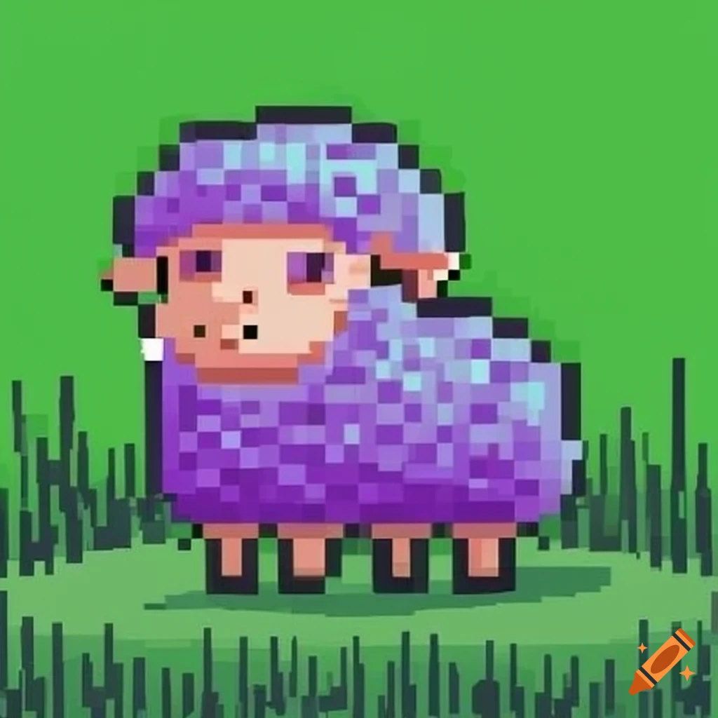 Pixelated purple sheep in green grass cartoon art