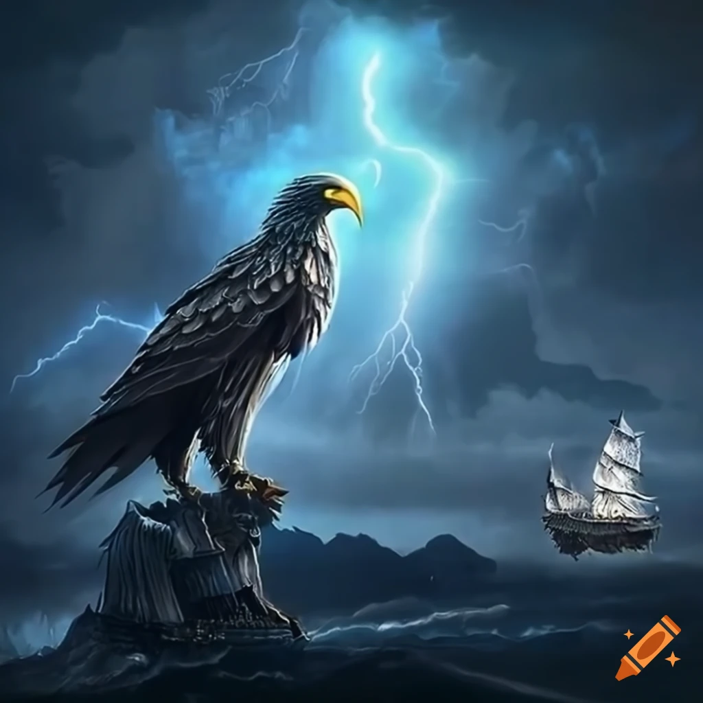 Epic fantasy scene with a magnificent silver ship and a glowing eagle in a thunderstorm