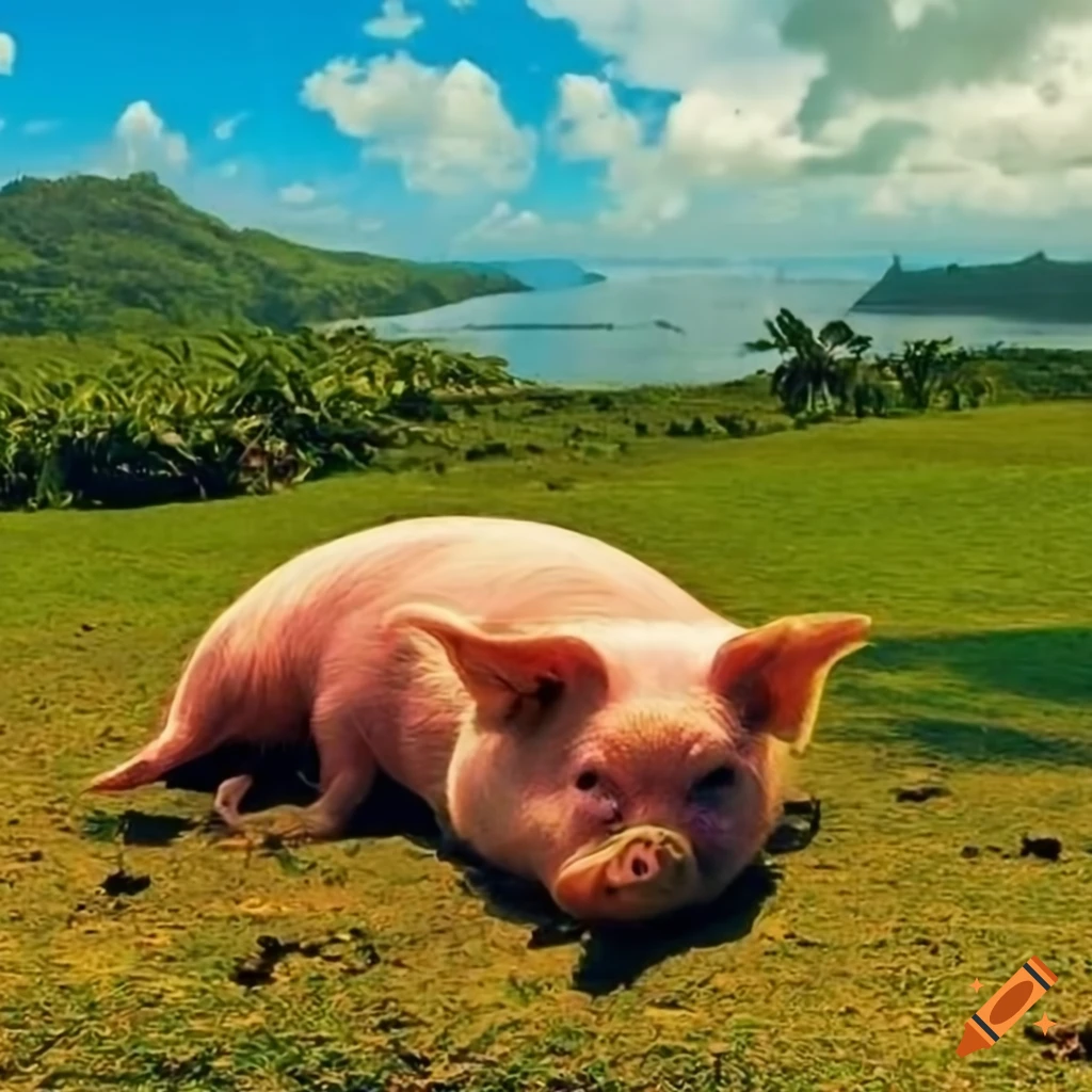 Johnny the pig lounging in the sun on a farm with a bure house on Fiji island in the background