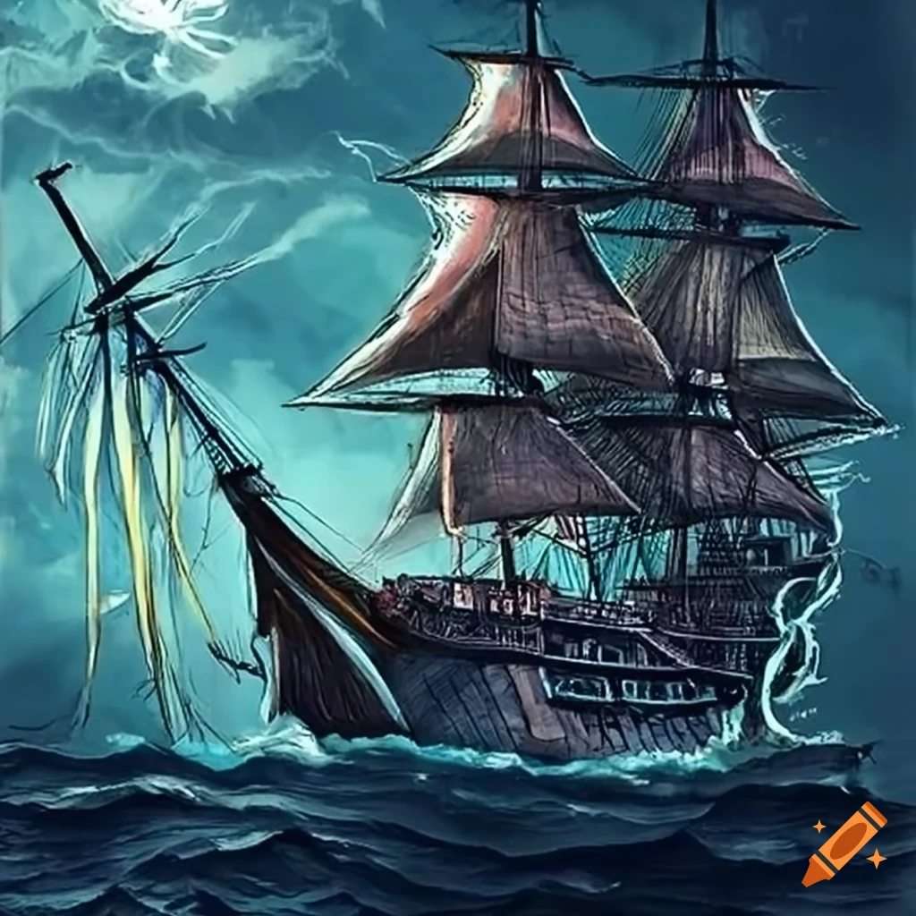 Pirate ship in a stormy sea with lightning