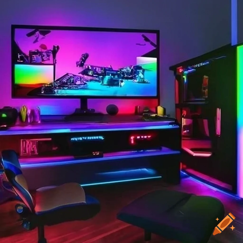 Ultra HD gaming room with LED TV, RGB lighting, gaming chair and peripherals