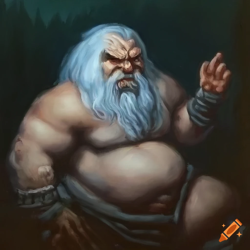 Dwarf barbarian in furs with long white beard in dark horror setting