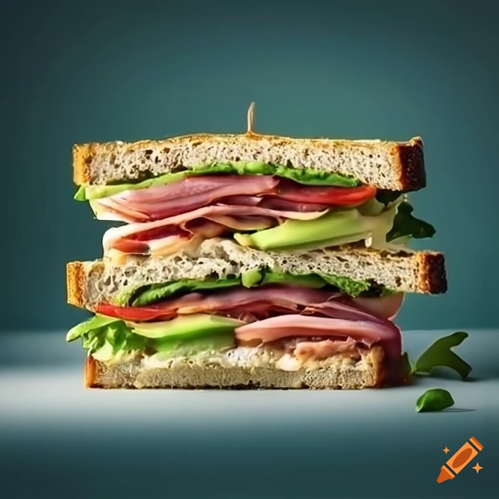 Sophisticated club sandwich with grilled chicken, bacon, Swiss cheese, avocado, and arugula