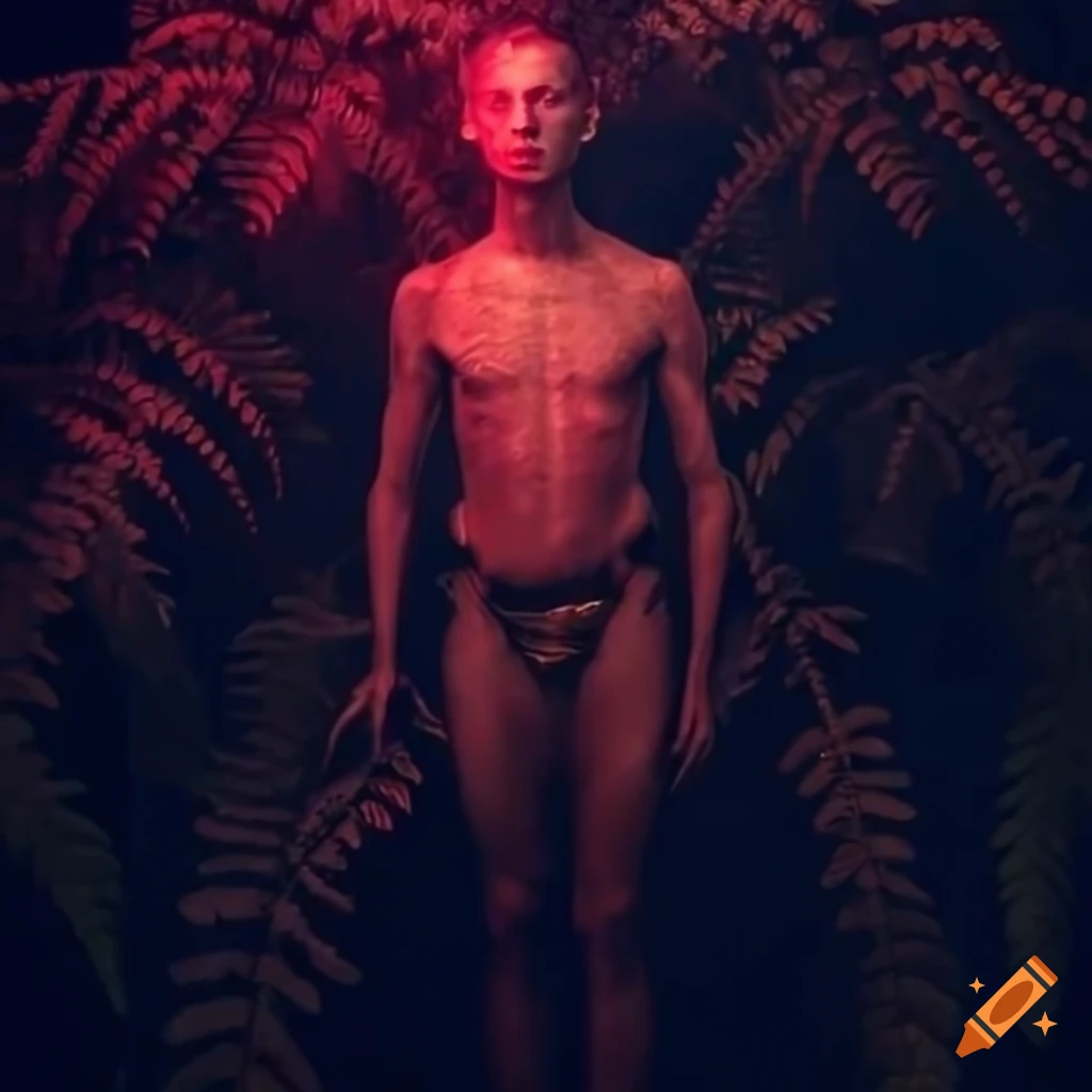 Biomechanical skinny male cyborg made of roses in a jungle of giant glowing ferns in hyperrealistic Rembrandt style