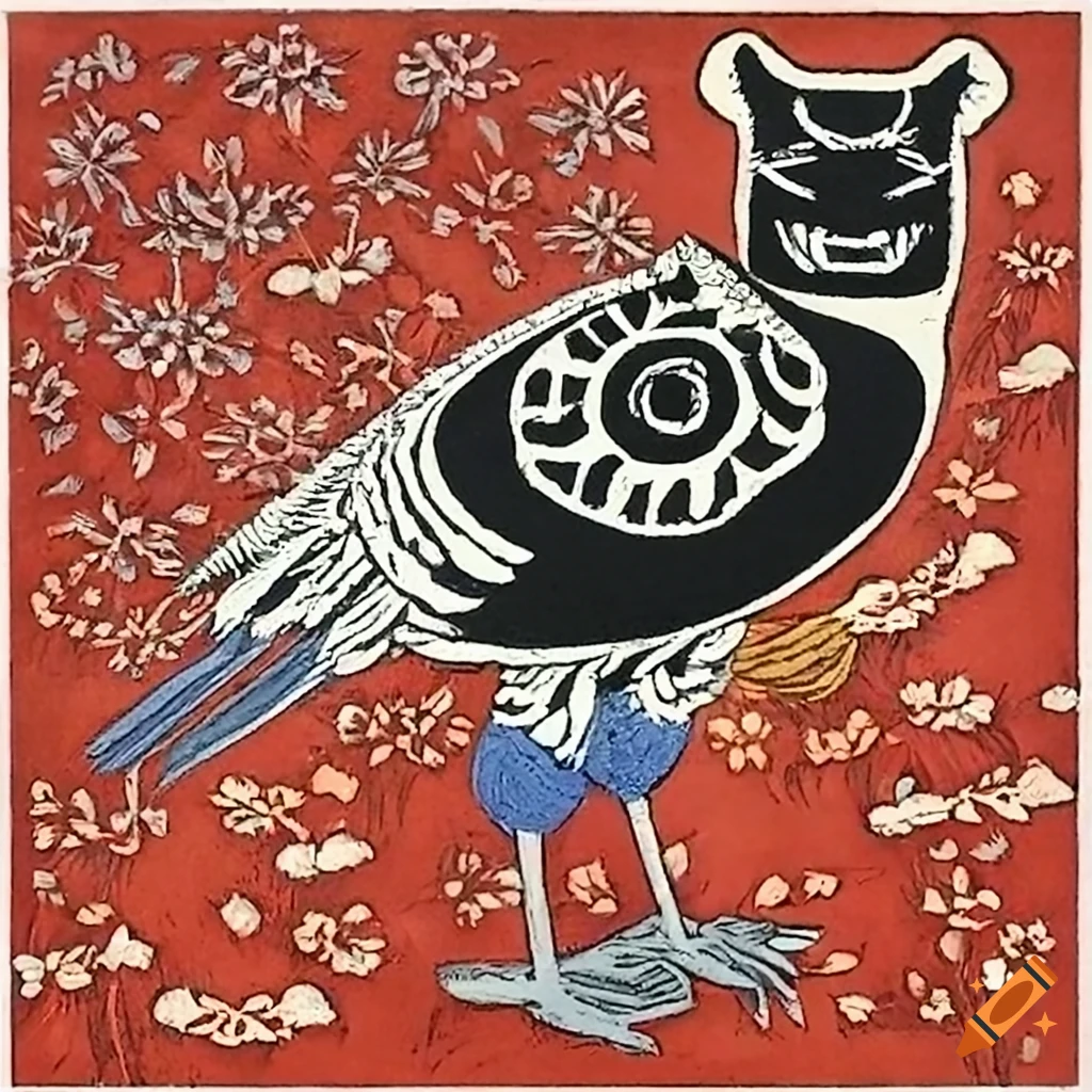 Woodcut of Salish totem animals in a field of flowers by Carrington, Rivera, and Crane