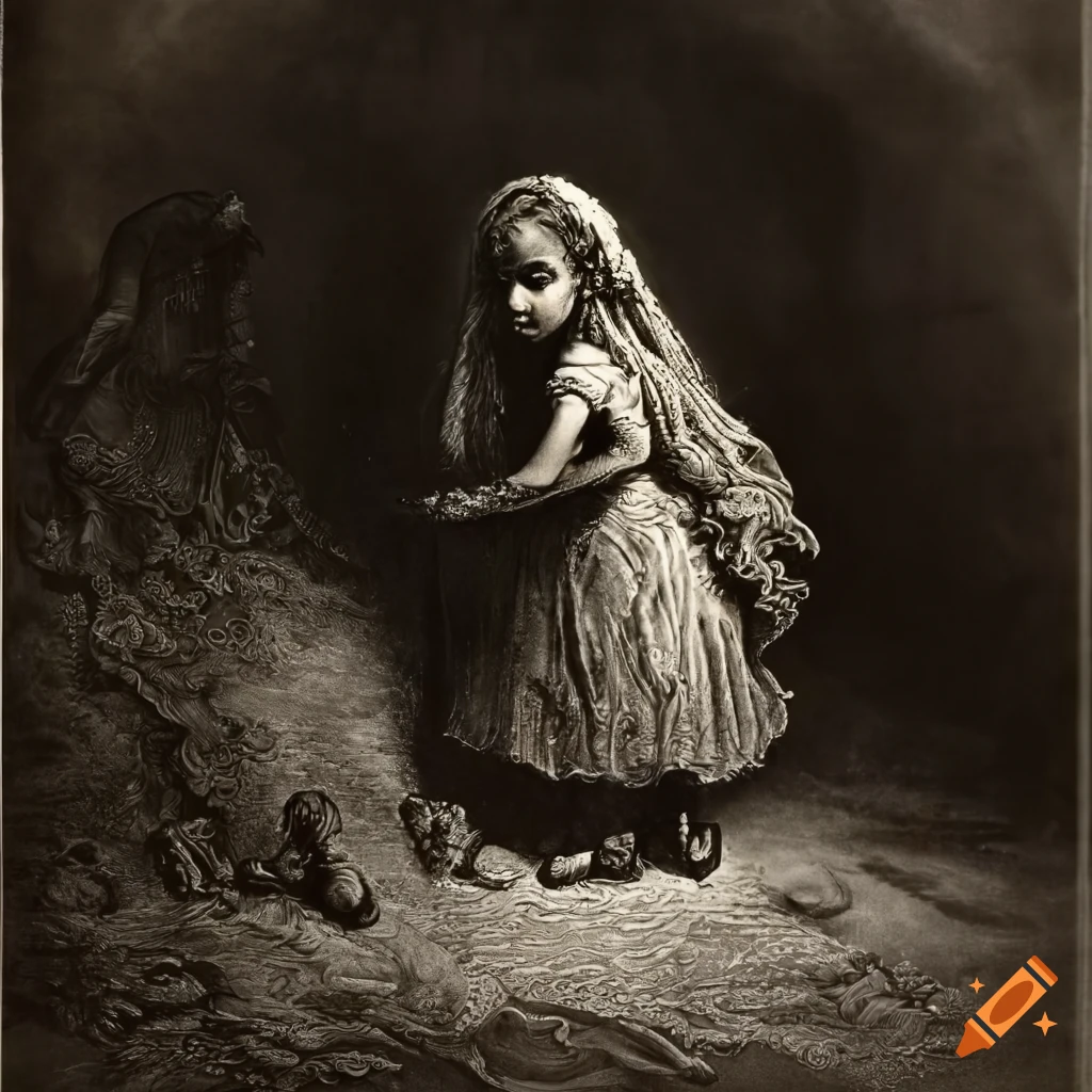 Mezzotint of dreams, Alice's adventure in a future world, black and white