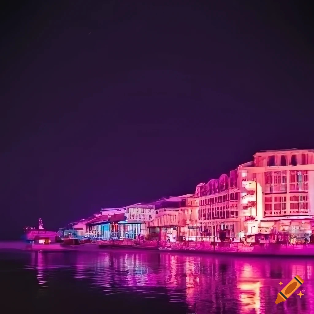 Starry nighttime view of a beach resort with neon pools and arcade by the ocean