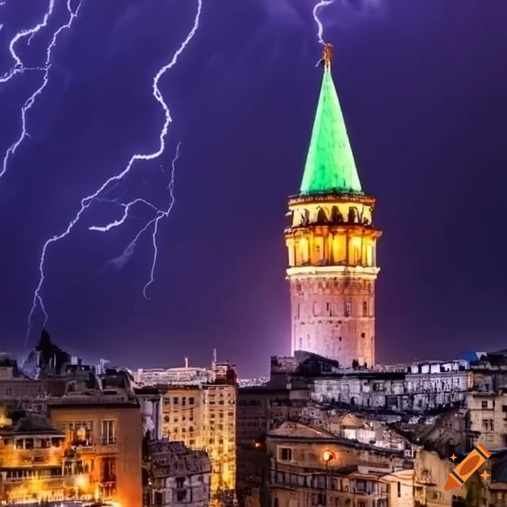 Galata Tower shining against a powerful thunderstorm backdrop