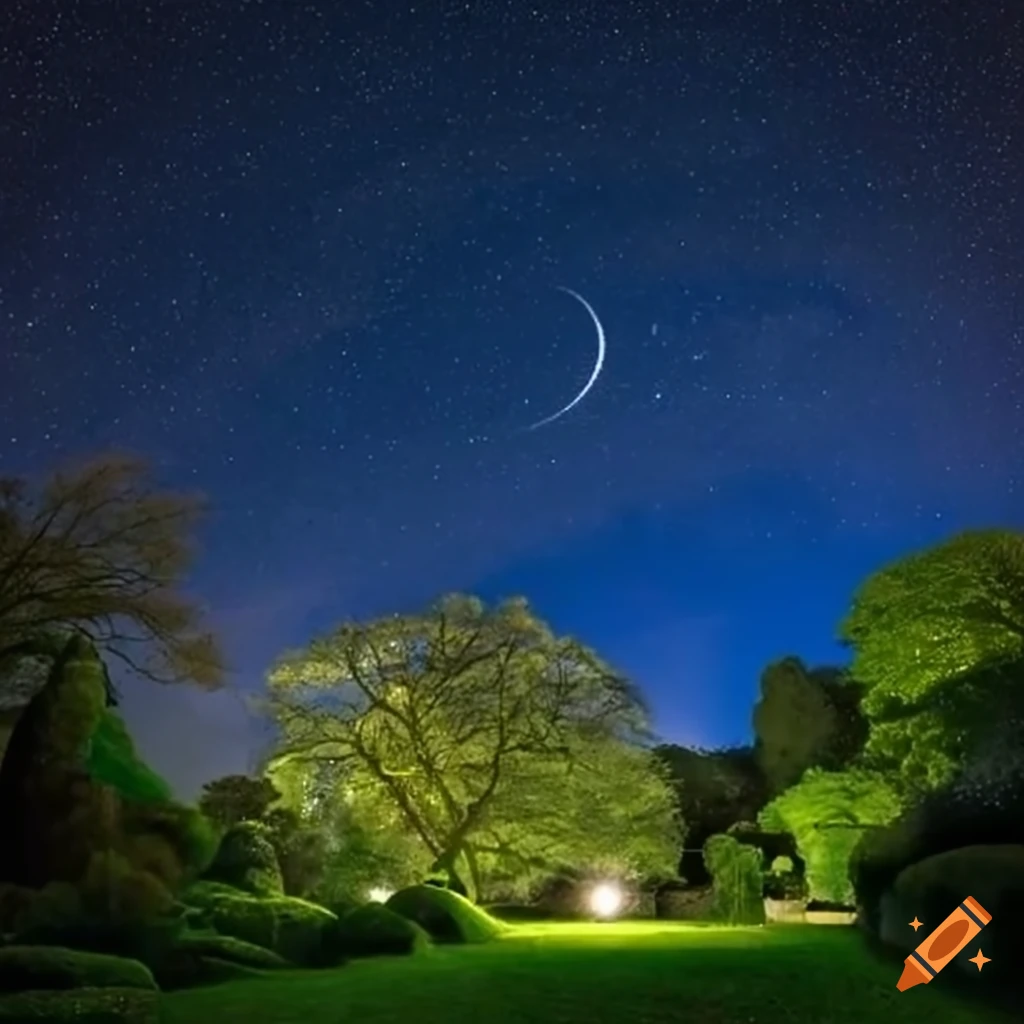 Twinkle descending from the night sky onto a moonlit garden with Earth in view