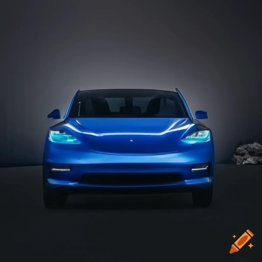 Blue Tesla Model 3 with two white bands