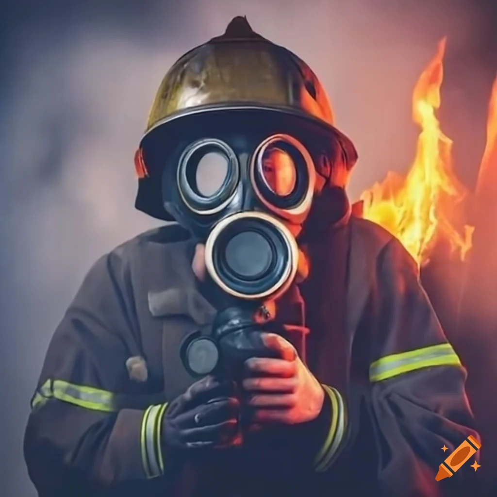 Brave firefighter in vintage gas mask approaching burning house