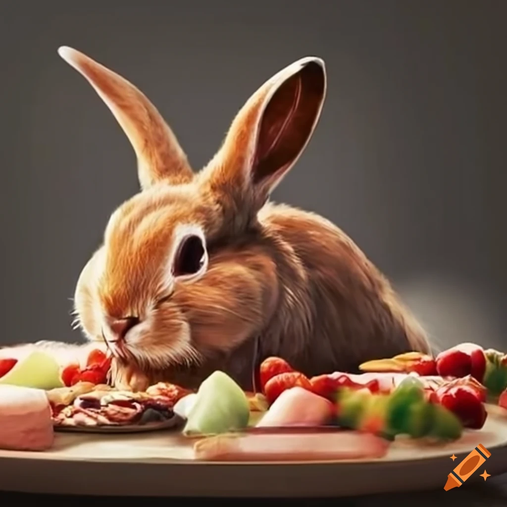 Long dining hall feast with bunnies