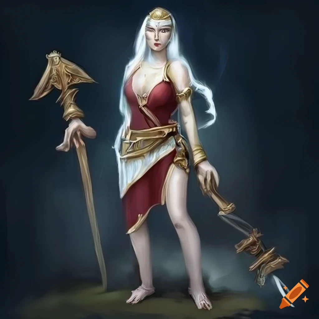 Female Inca mage in white toga with dark skin in a fantasy setting