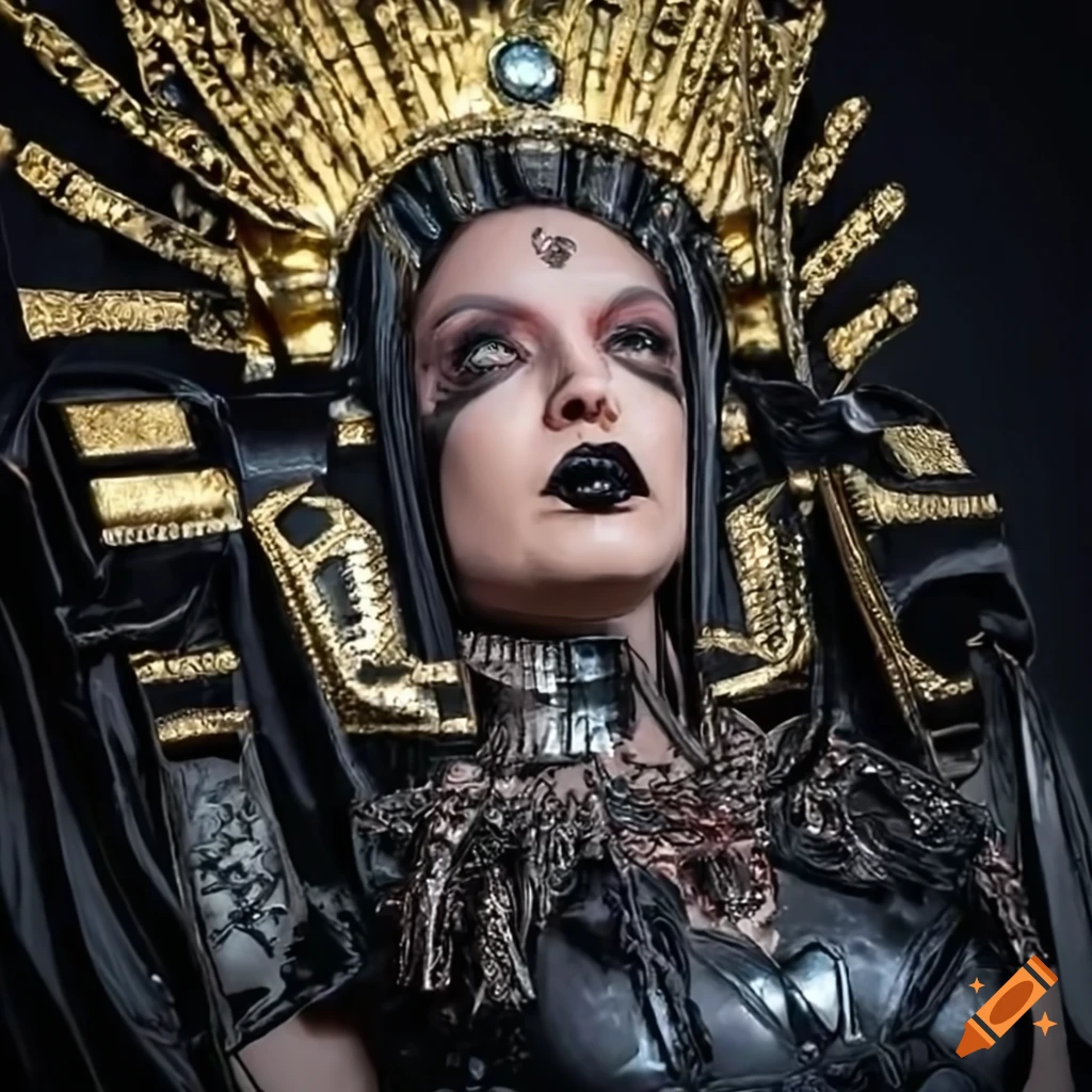 Imposing Queen Galactus in Gothic attire with a grand gold and obsidian headdress