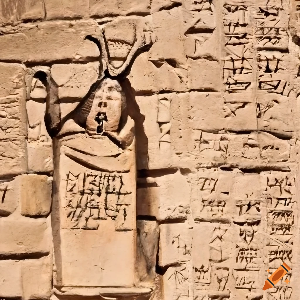 Mysterious figure with horns and cape by ancient cuneiform wall