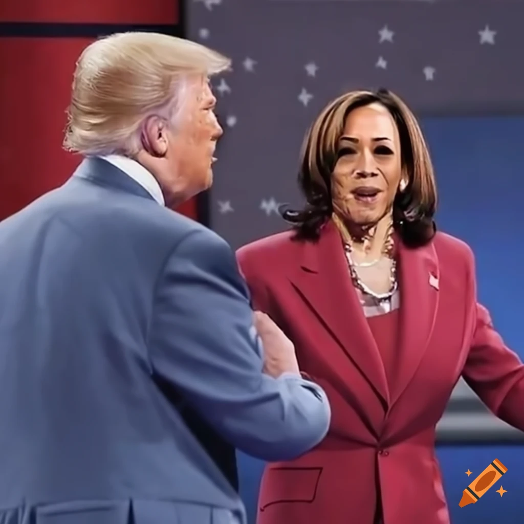 Political debate scene with Donald Trump and Kamala Harris
