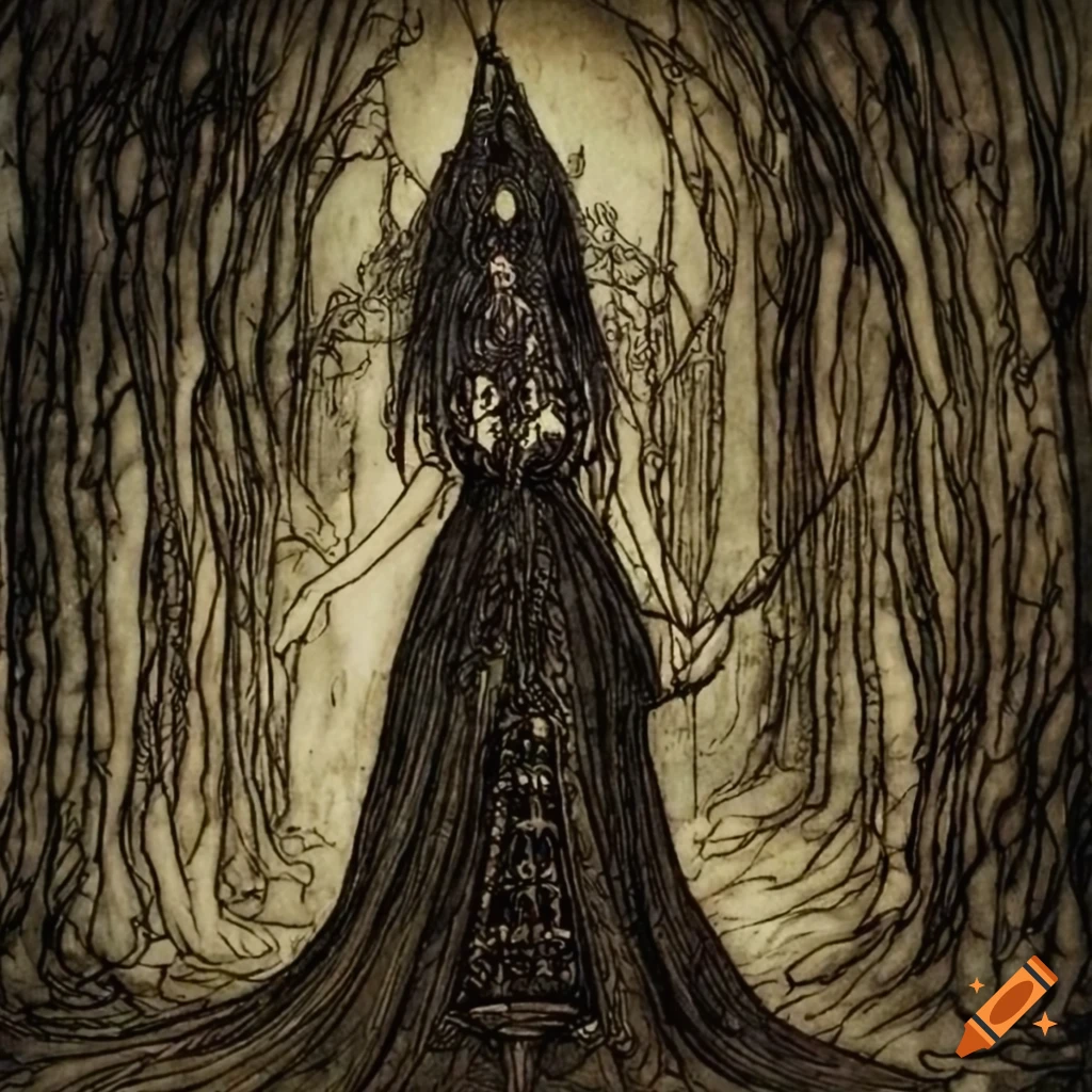 Intricately designed witch queen in a gothic style reminiscent of Arthur Rackham's art