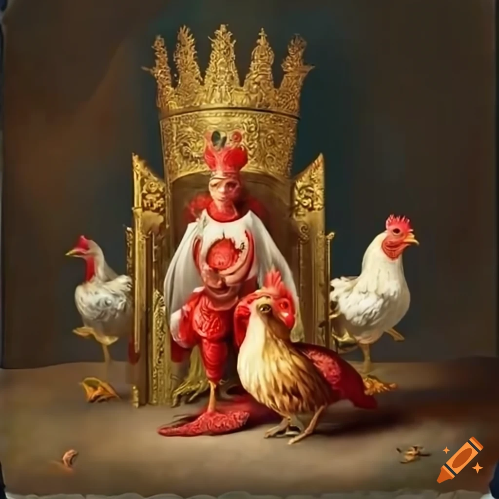 Chicken with crown sitting on throne surrounded by other chickens