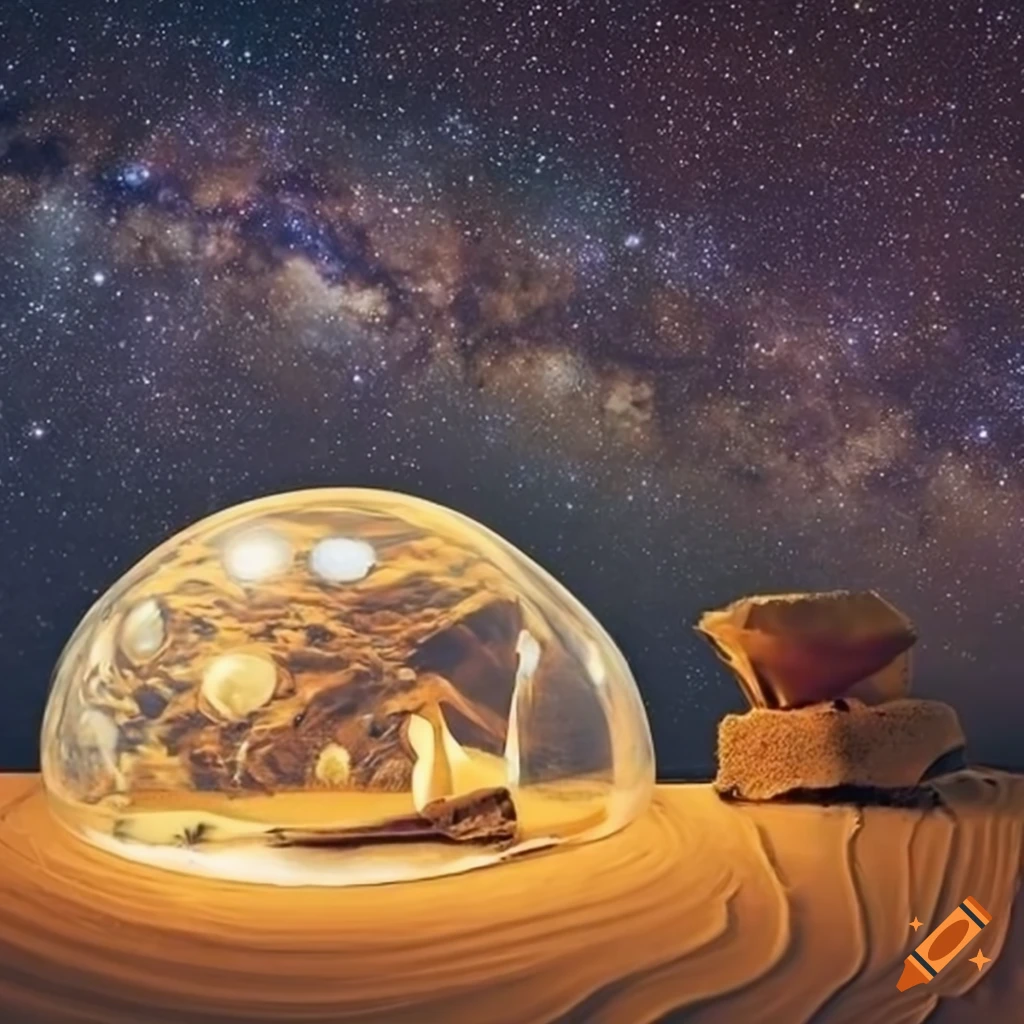 Starry night sky inside a glass dome with golden sand