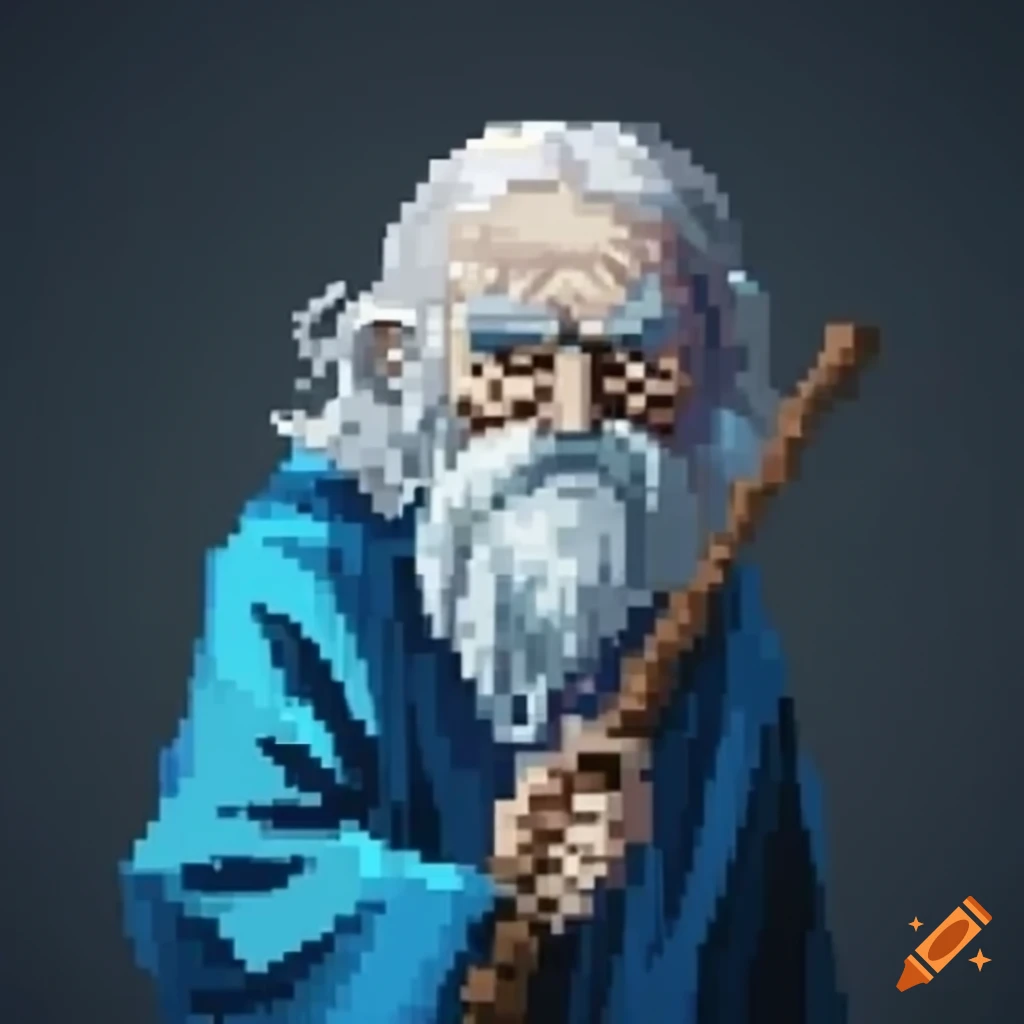 Wise old wizard in blue robe holding a staff in pixel art style