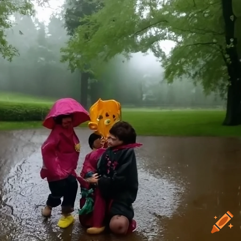 Rainy day adventure splashing through puddles with siblings