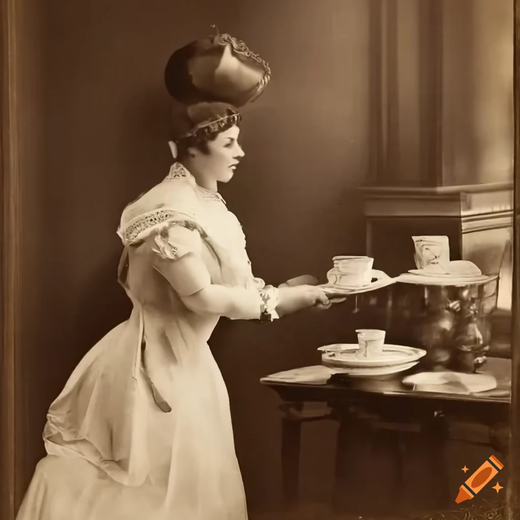 Upper-class hostess welcoming a guest to tea in a sepia photograph