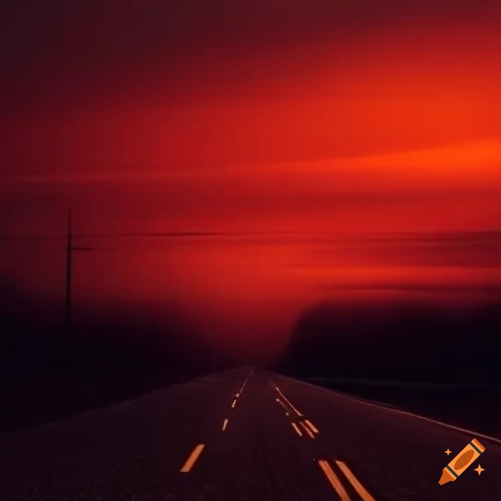 Intersecting red highways under a stormy sky fading into the horizon
