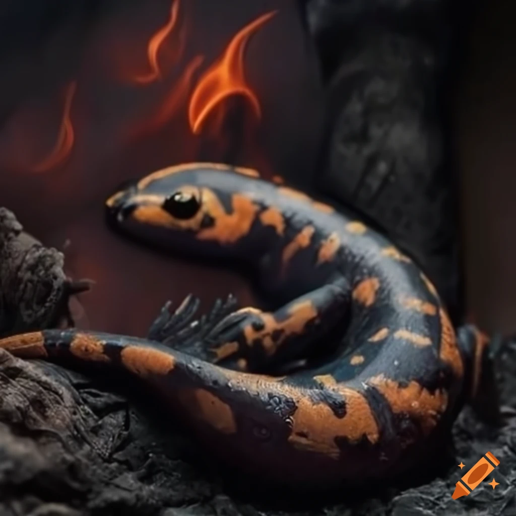 Mythological salamander on fire resting on coals