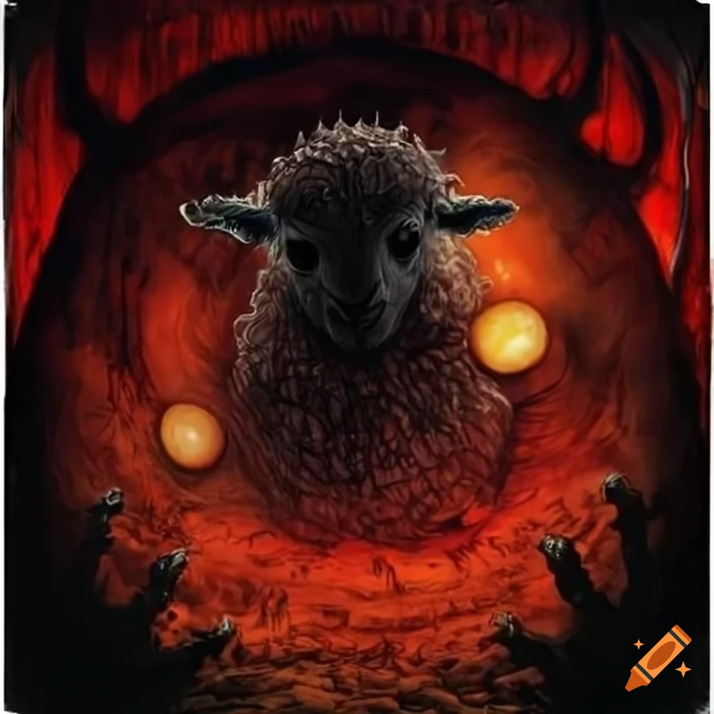 Symphonic metal album cover evil lamb with seven eyeballs in hellfire