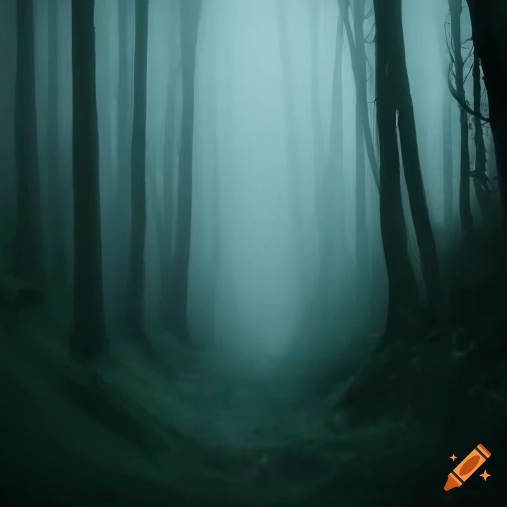 Forest path fading into dense fog and shadows