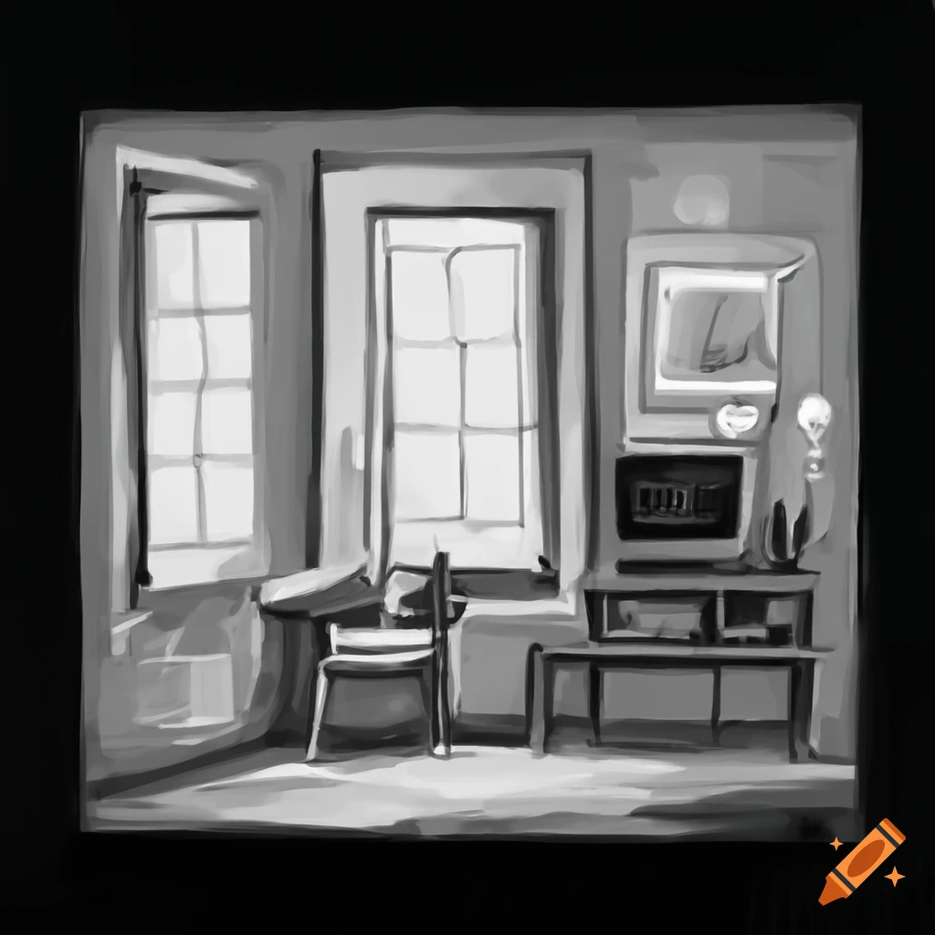 Grayscale comic style apartment cartoon