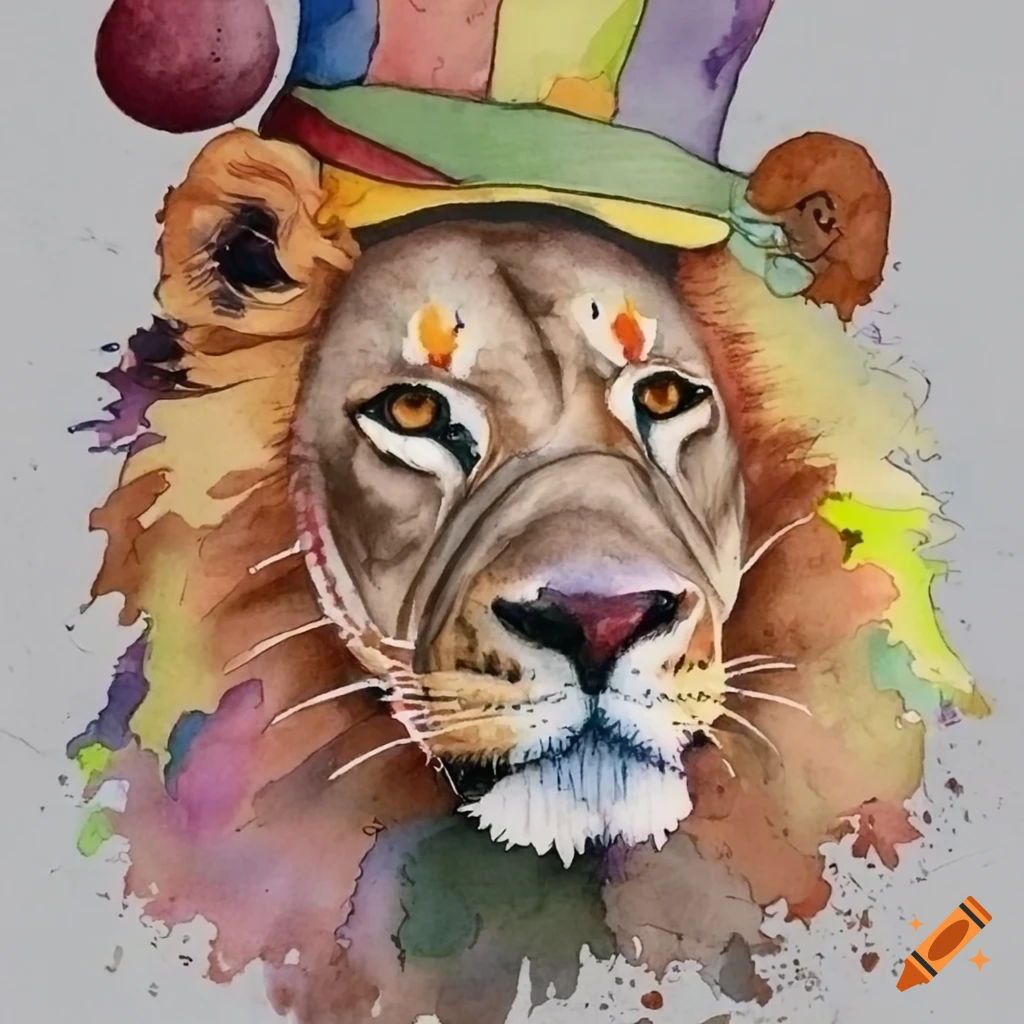 Lion portrait in clown attire with a hat in watercolor style