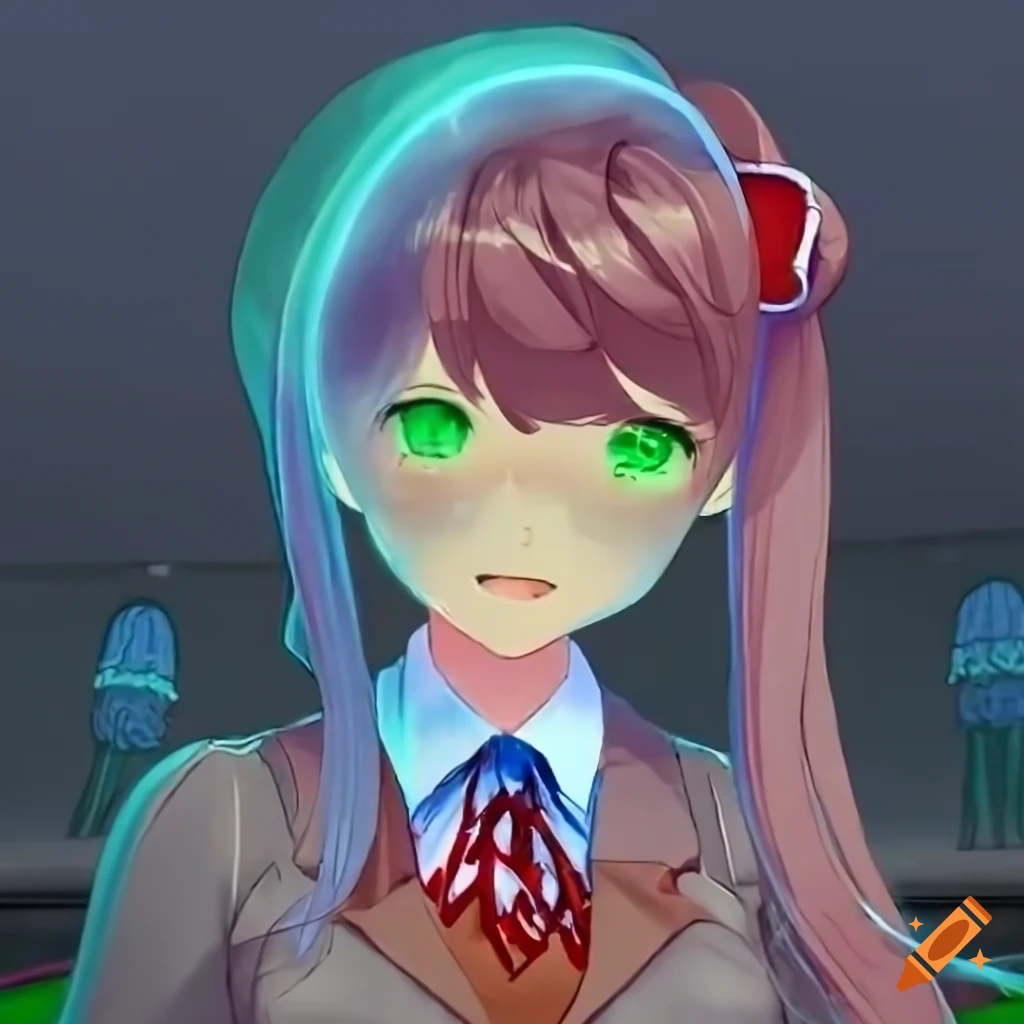 Monika DDLC dressed in transparent gelatinous jellyfish, hyper realistic art