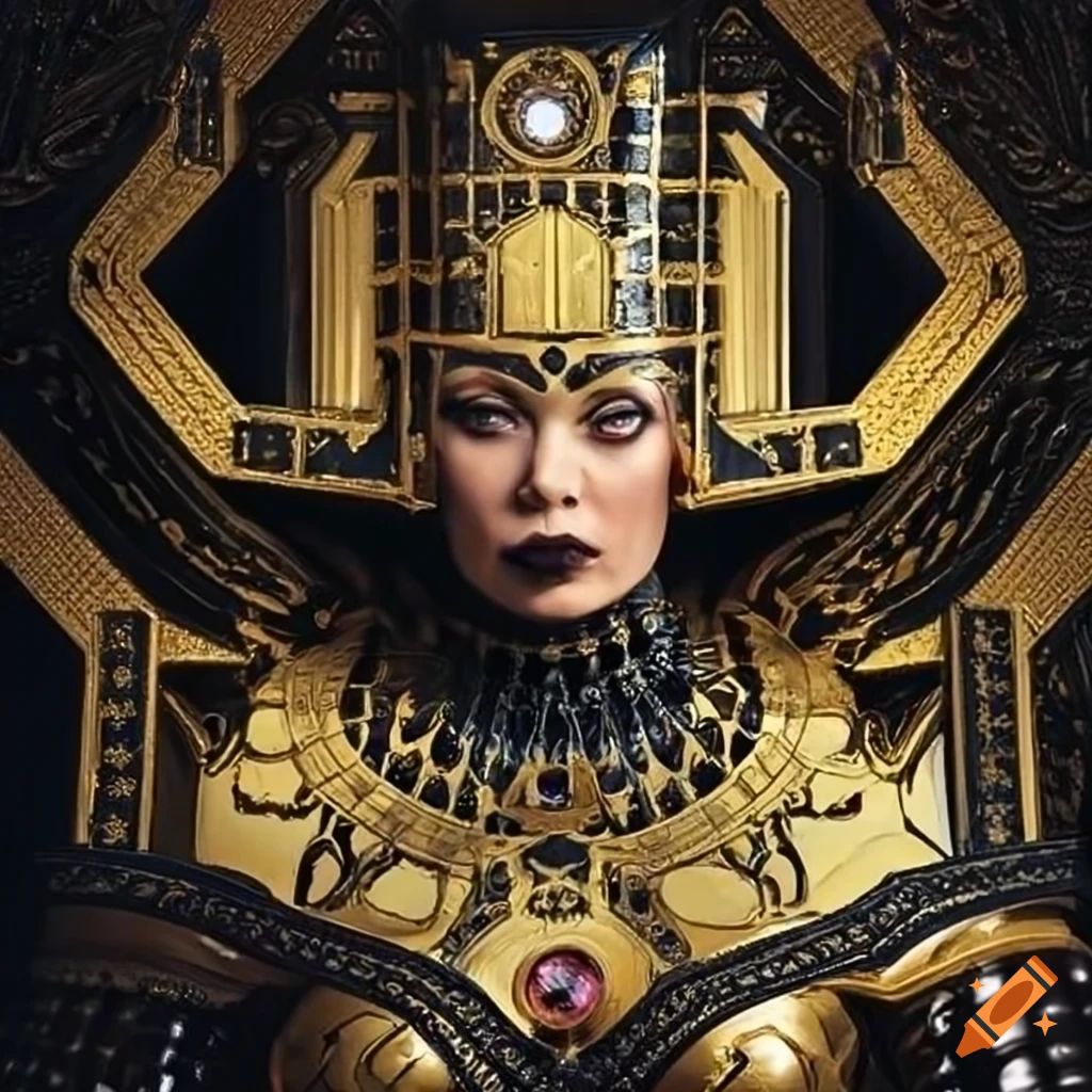 Queen Galactus adorned in black and gold Gothic regalia with cosmic energy