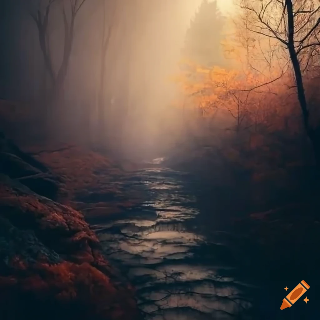 Autumn sunlight through rocky bluffs in morning fog