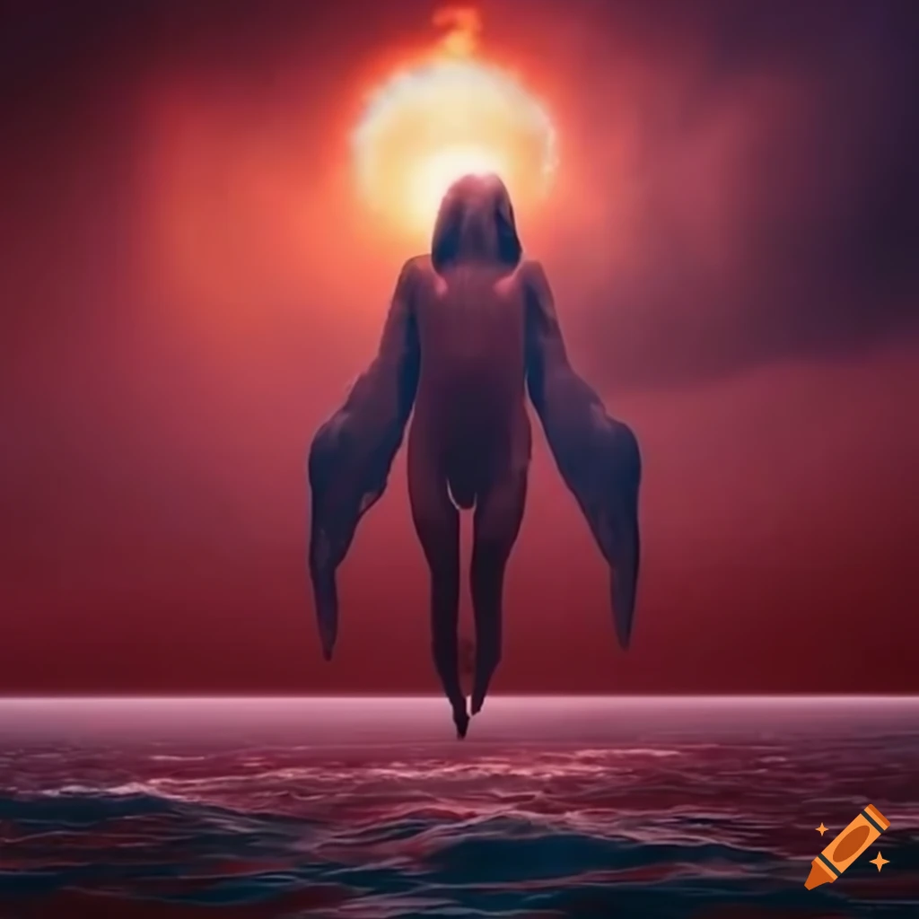 Massive angel throwing asteroid into blood red ocean with lightning