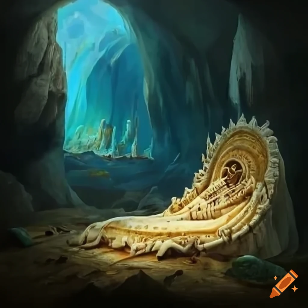 Realistic painting of an ivory tusk throne in a sacred cave