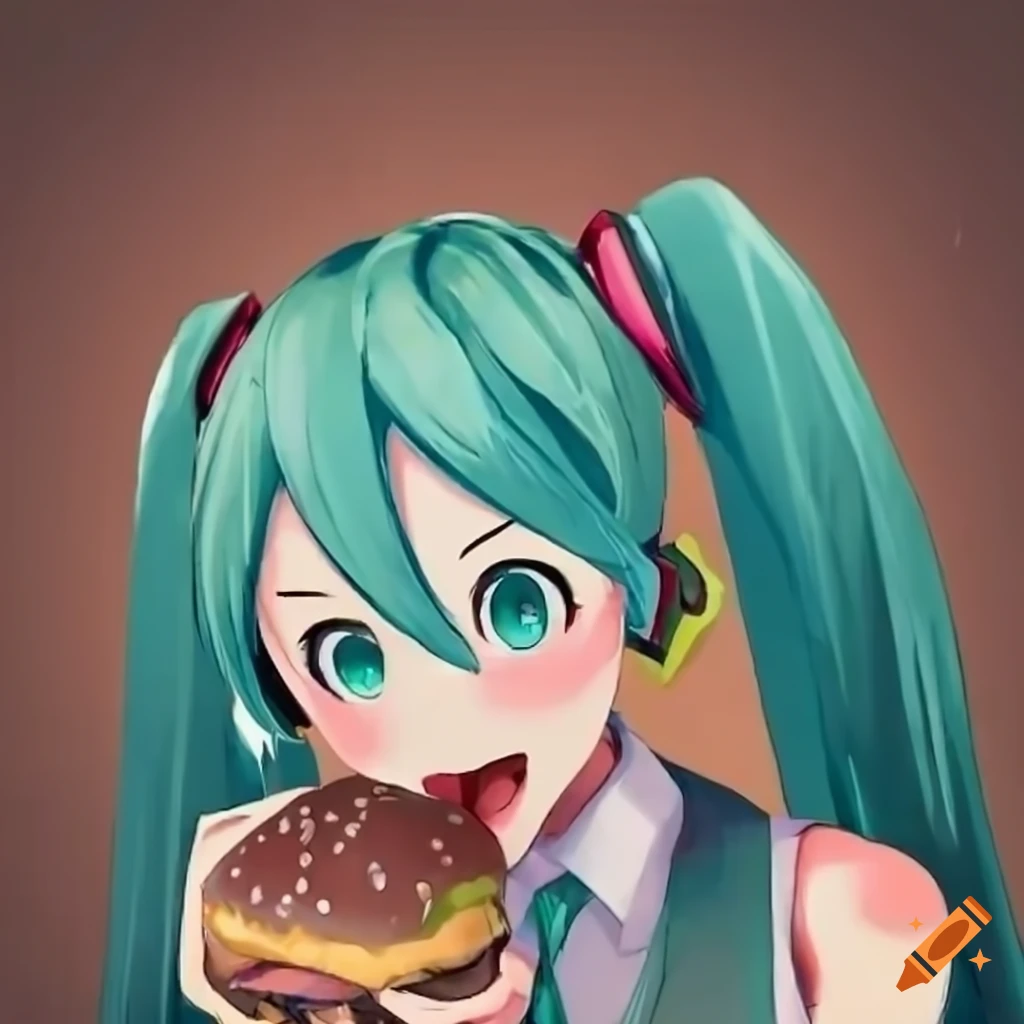 Hatsune Miku enjoying a sirloin steak burger