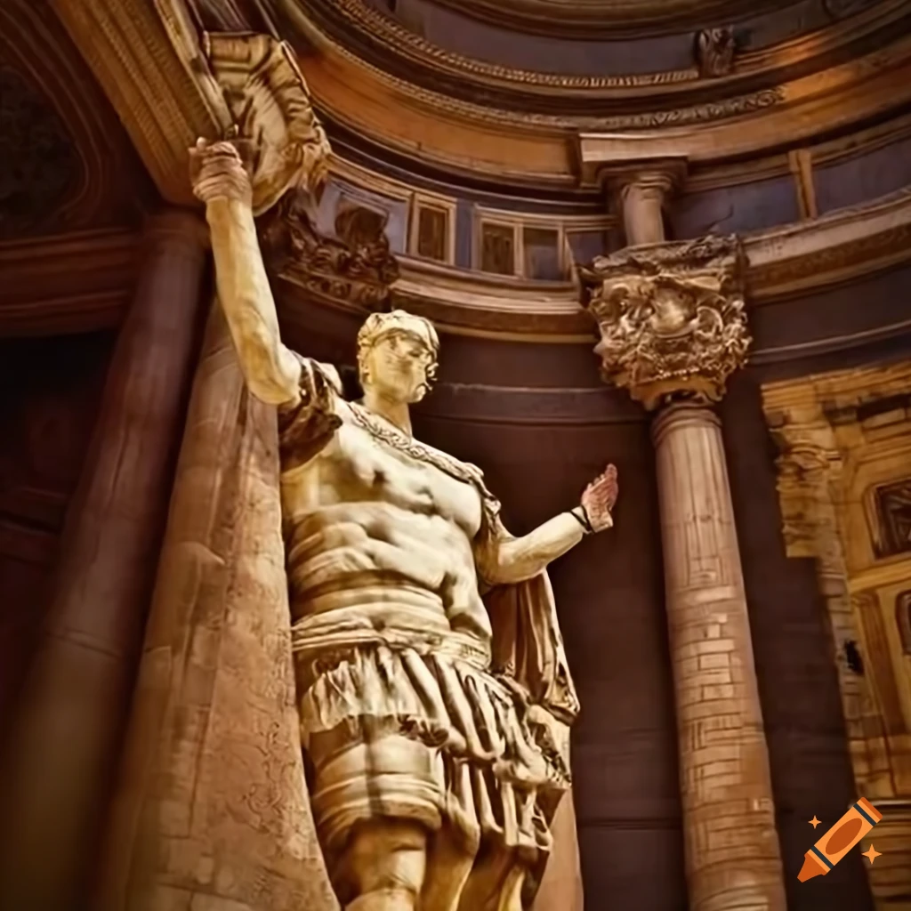 Julius Caesar addressing Roman Senate with ornate columns in ancient Rome