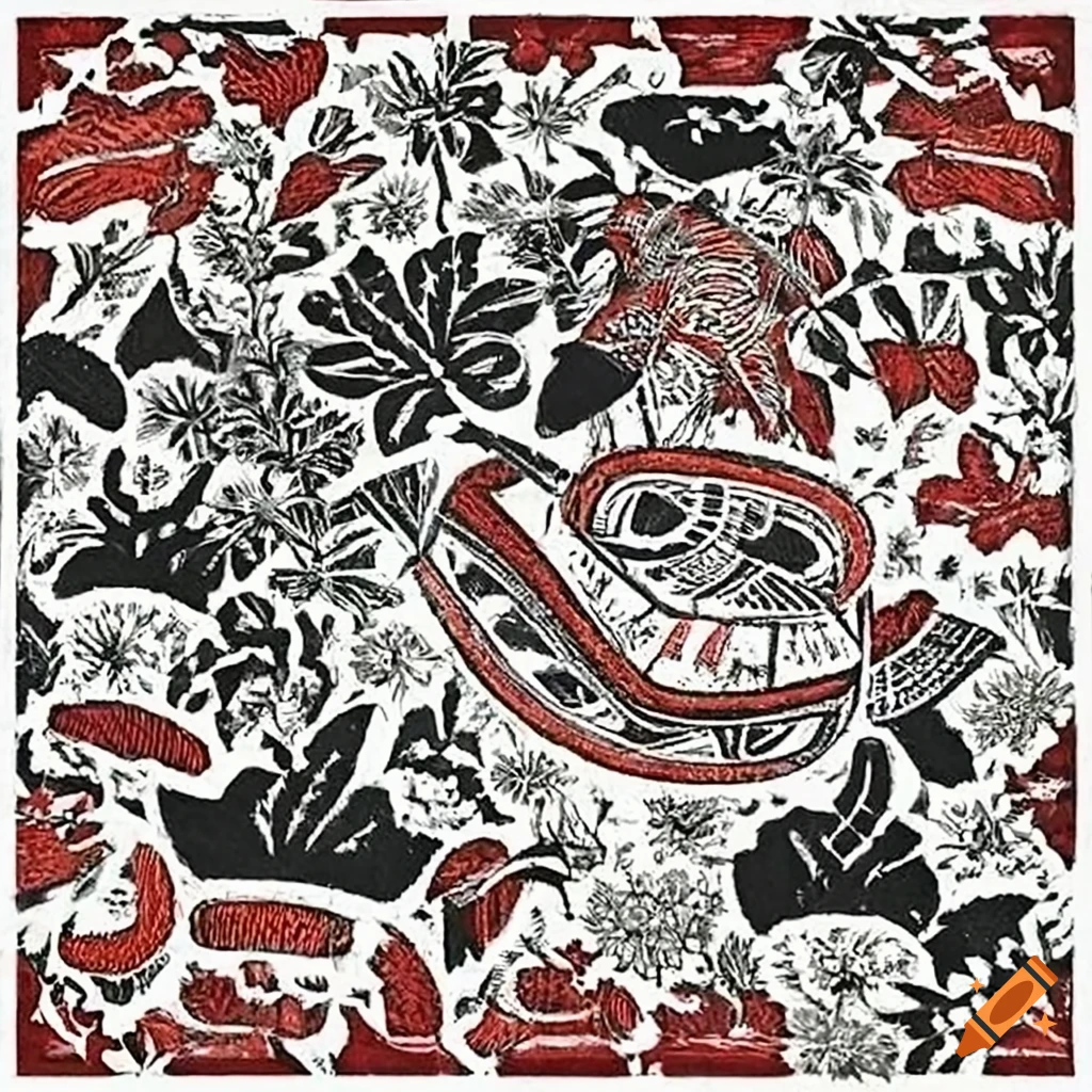 Woodcut of Salish totem animals in a field of flowers by Carrington, Rivera, and Crane