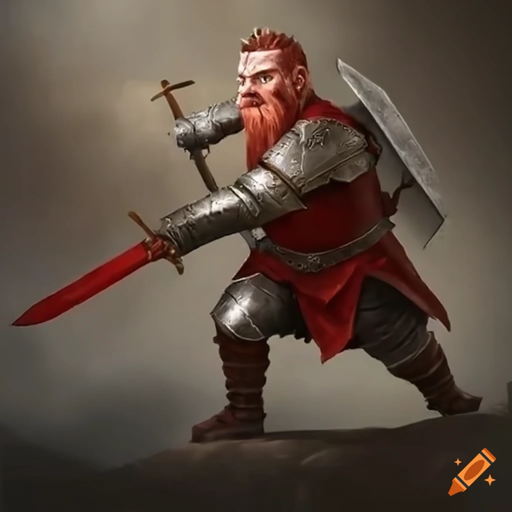 Dwarf in red armor swinging red sword in attacking position
