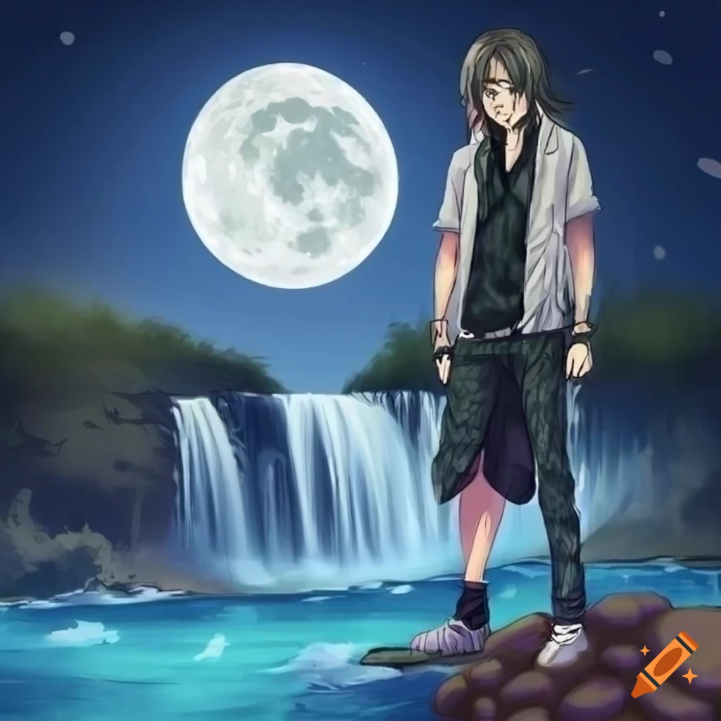 Anime character with long hair and glasses by a waterfall under a full moon