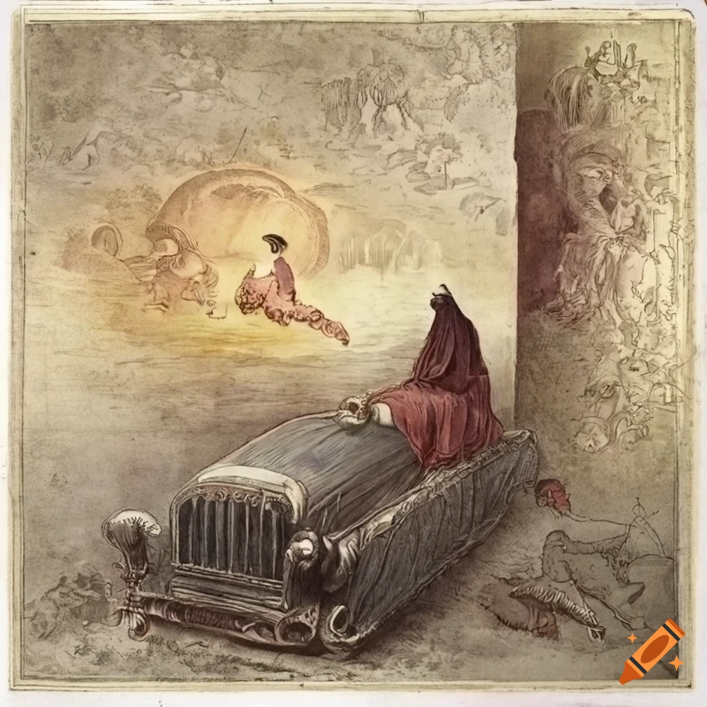 Surreal mezzotint of a girl riding a car in a Chinese metropolis with a Renaissance vibe