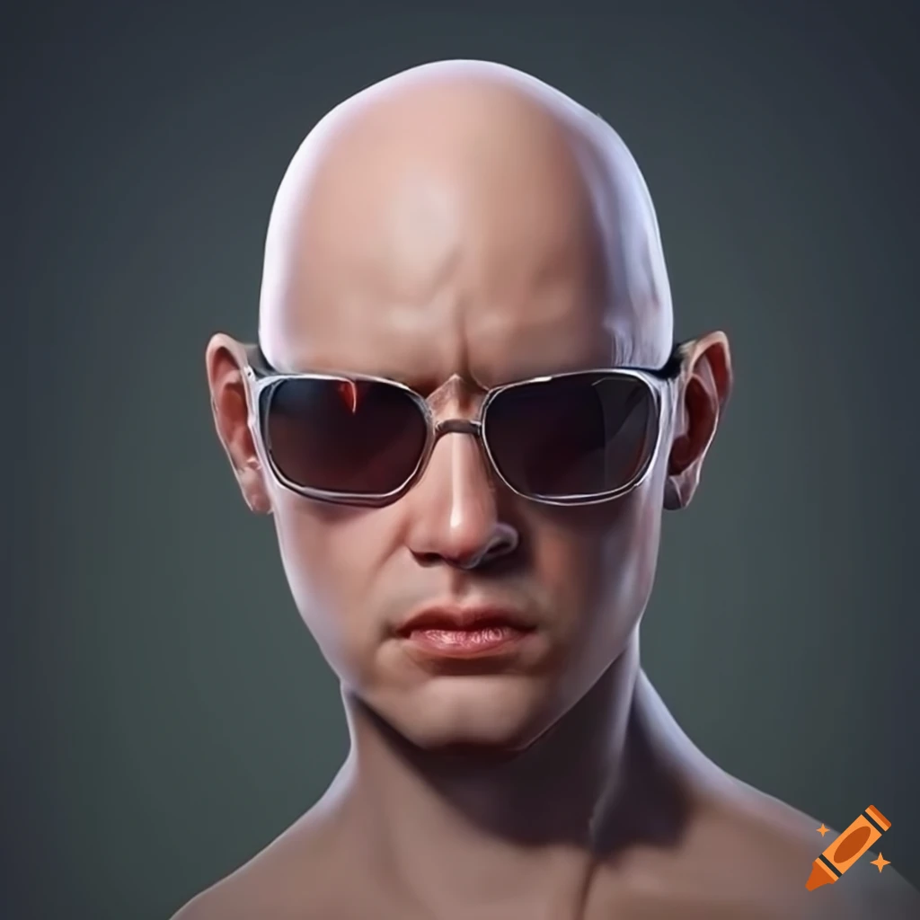 Hyperrealistic face of a bald bouncer wearing sunglasses