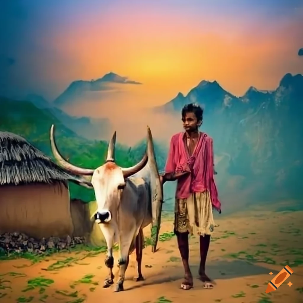Indian village scene with a cow and a man