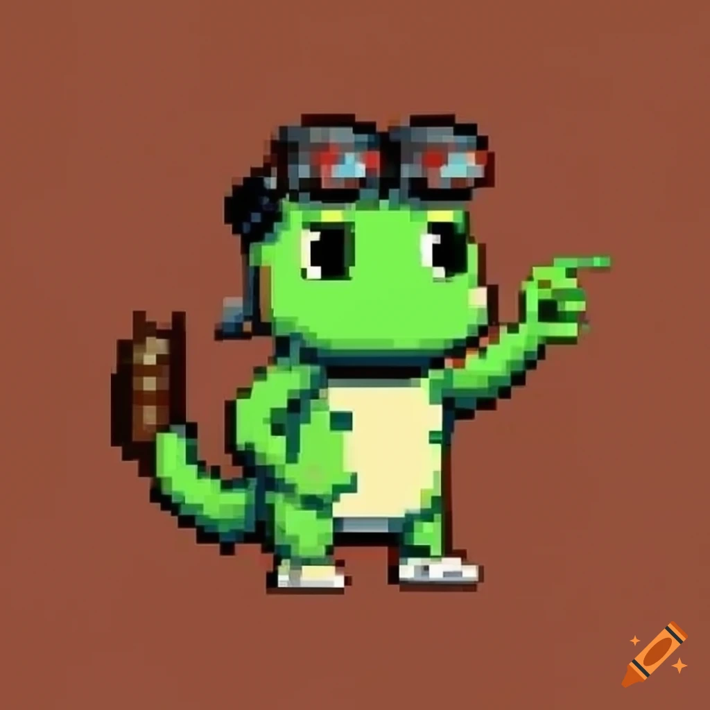 Cartoonish frog astronaut character with a short beard in a pixelated background