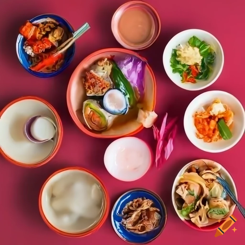 Close-ups of traditional Japanese, Chinese, and Thai dishes with vibrant red background