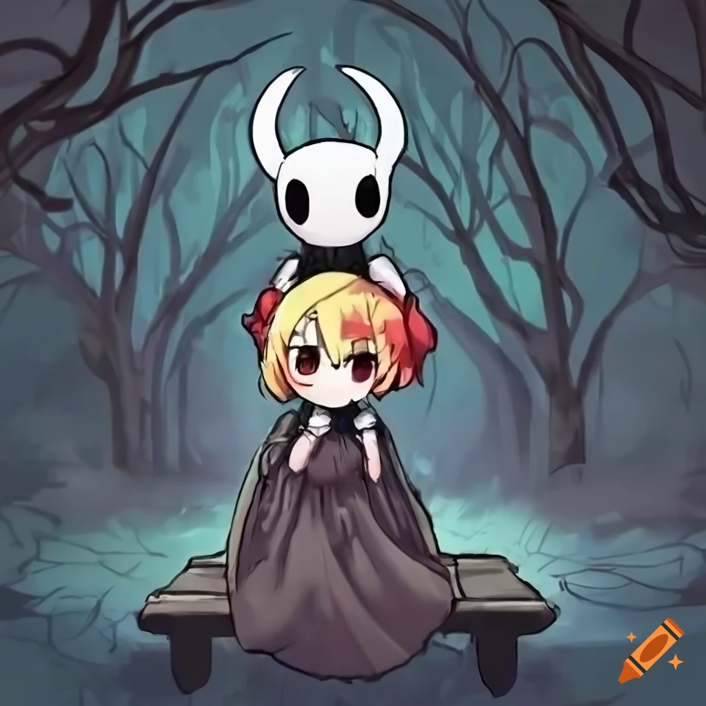 Rumia from Touhou and the knight from Hollow Knight having a peaceful encounter at a park bench