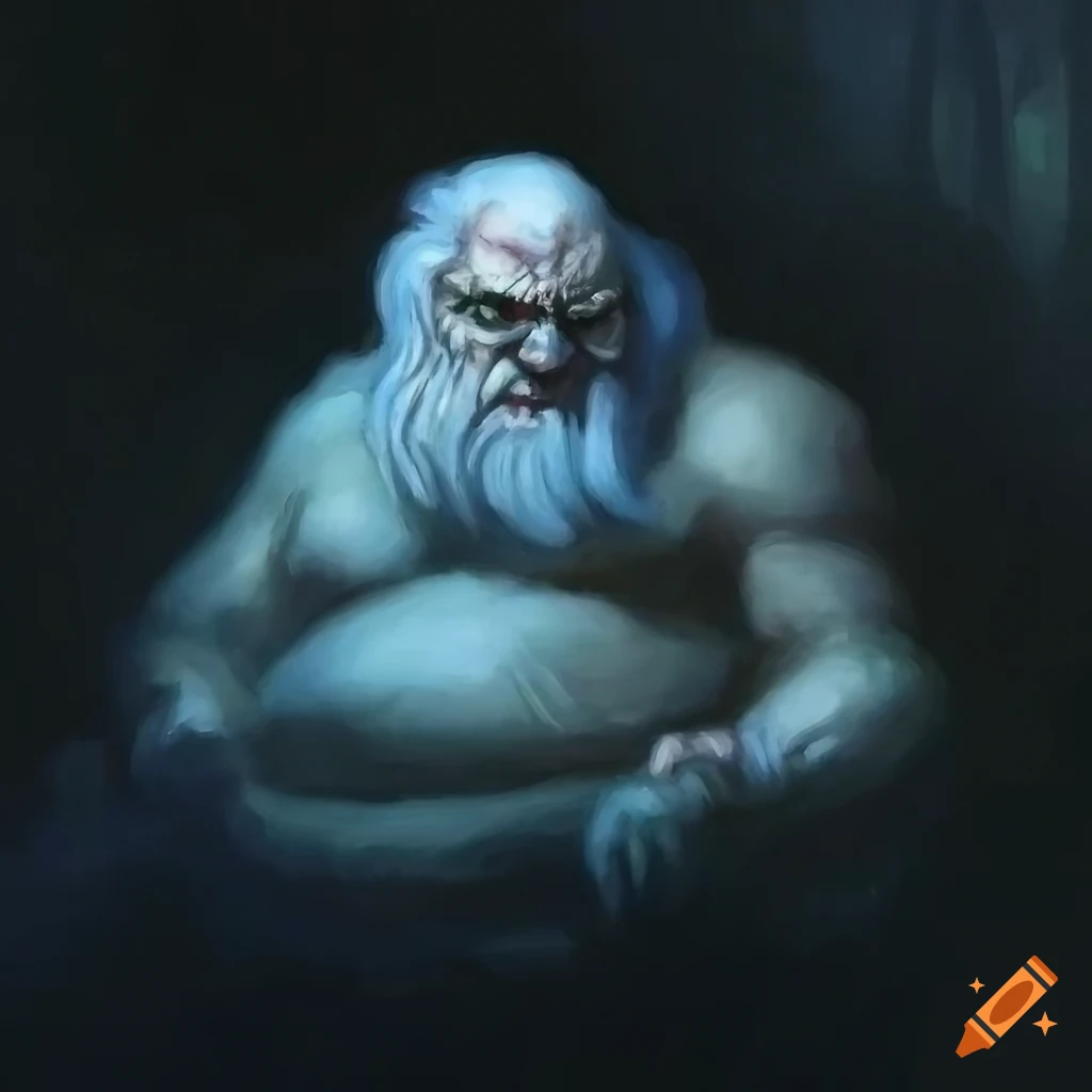 Dwarf barbarian in furs with long white beard in a dark horror setting