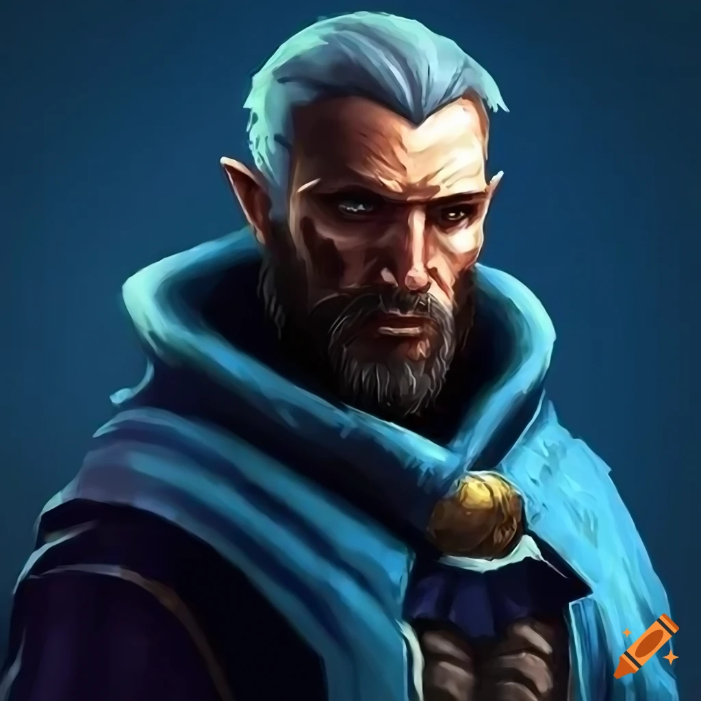 Male mage in blue medieval attire with a staff